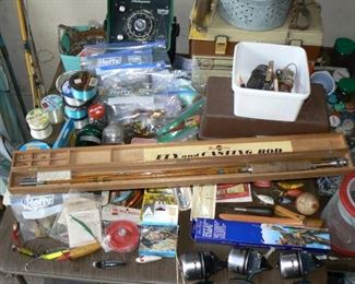 Fishing tackle including Frank Hacking bamboo fly casting rod in original box.