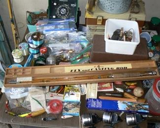 Fishing tackle including Frank Hacking bamboo fly casting rod in original box. 