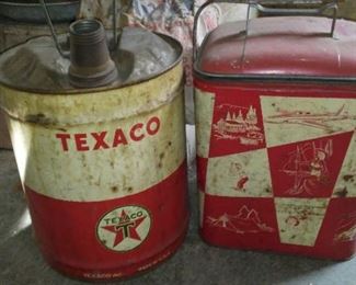 Vintage Texaco 5 gal. metal gas can and vintage cooler.