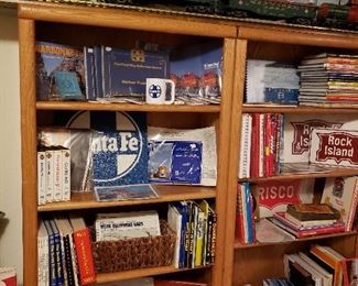 Five oak 5-shelf book cases stuffed with rail road books and collectables