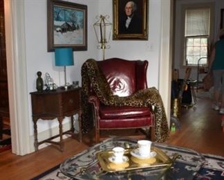 Leather Chair, Antique Smoking Stand, MCM Lamp, Nice Brass Table, Leopard Blanket, Original Art Winter Scene in Oil, Oil of G Washington by Donald Douglass, Area Rug