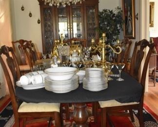 Mahogany Table & Chairs, China Cabinet, China, Stemware, Candleoperas, Mikasa Vases, Amber Covered Glassware, S & P, Serving Items, Tea Cups, Golden Flatware, Asian Design Area Rug