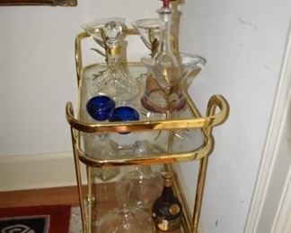 Brass & Glass Tea Cart and Colorful Decanters