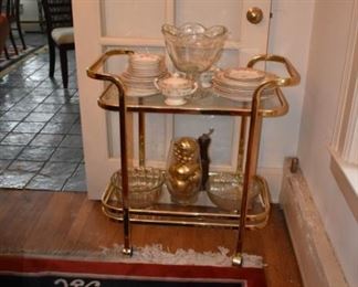 Asian Design Area Rug, Glass & Brass RectangularTea Cart, Vase, Serving Bowls, Fruit Bowl, Vintage China