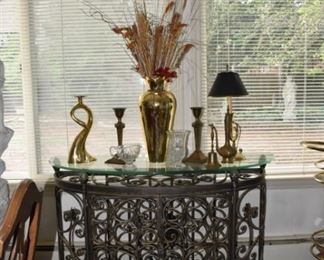 Glass & Metal Table with Wine Rack, Brass Swan Candle Stick, Crystal Vase, Brass Vase, Brass Stick Lamp