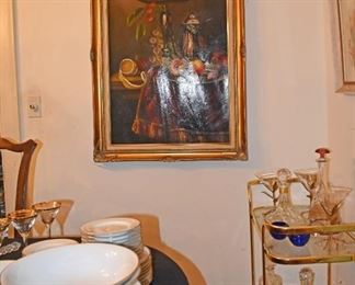 China, Stemware, Decanters, Tea Cart, Stil Life Orig Oil Painting