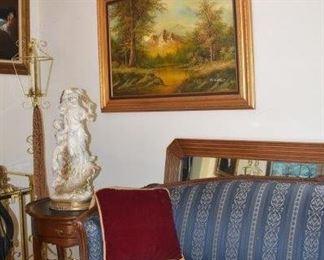 Large Original Oil by Mountain Scene by Mitchells, Sofa, Statuary, End Table, Tall Floor Candle Holder