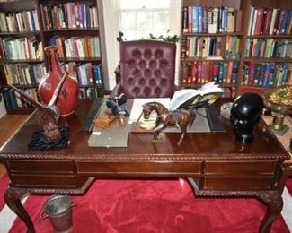 Carved Eagle, Asian Vase, Wood Box, Leather Horse, Glass Head, Crystal Dish, Bk Holder, Pedestal Dish, Books (Desk is not for sale)