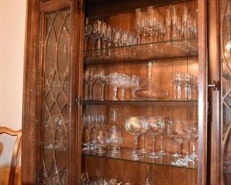 China full of Stemware with Gold Trim, Iridescent Stemware, Fancy Stems, Decanters, Napkin Holder