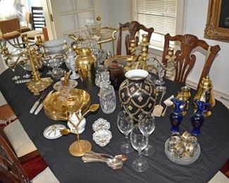 Dining Room Overview Tea Carts, Candleoperas, Crystal Decanters, Crystal Vases, Stemware, Amber Covered Dish, Porcelain Tea Pot, Gold Trimmed China, Decanters, Vases, Chargers, Tea Cups, Flatware, Table, & Chairs, Coffee Pot, Cream & Sugar, Hand Painted Dish, Stemware