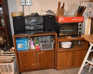 Sony Stereo, Toaster Oven Carts, Cookbooks, Small Appliances, Pans, Knives, French Corningware