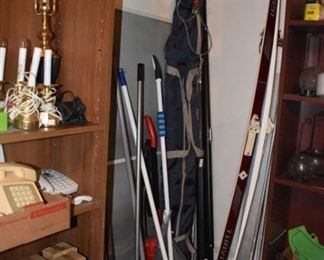 Yard Tools and Skiis & Poles, Vintage Telephones, Lights, Lamps, Candles