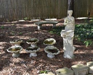 Concrete Garden Planter or Fountain Shells, Pedestal, Concrete Bench, Concrete Lady Figure