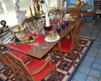 Mid Century Table, Chairs, Glass Ware, Unique Statue, Large Art, Decanters, Cake Stands, Room Divider, Glass Top Table, Chairs, Glassware, Clocks, Statuary, Art