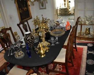 Dining Chairs, Table, Asian Area Rug, Glassware, Candle Holders