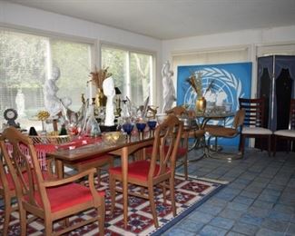 Mid Century Table, Chairs, Glass Ware, Unique Statue, Large Art, Decanters, Cake Stands, Room Divider, Glass Top Table, Chairs, Glassware