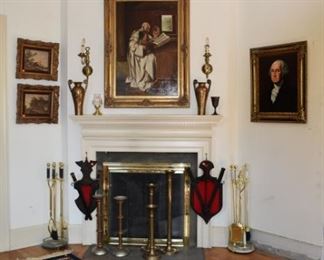 Area Rug and Living Room Fireplace Mantle, Painting by D Douglass of G Washington, Shields, Candle Holders, Fireplace Utensils, Vases, Waterford, Oil of Priest & Children