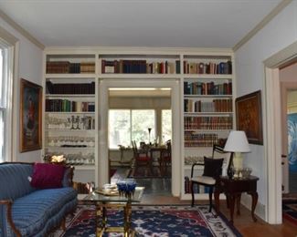 Bookcase, Overview of Parlor Furniture, Area Rug, End Tables, Books, Stemware