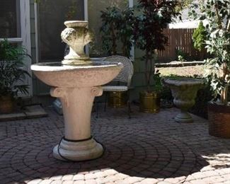 (Fountain (concrete) with Lion's Heads), Pottery, & Trees