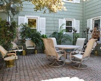 Overview Patio Garden Area Trees Artificial Plants, Fountain, Planters, Patio Set, Lions