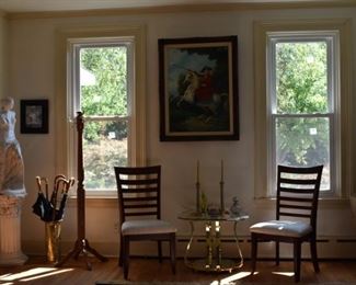 Part of Living Room Overview, Side Chairs, Brass & Glass Table, Umbrella Stand, Statue of Venus, Painting Oil on Canvas Of G Washington signed.