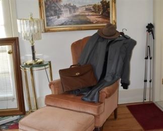 Wing Back Chair, Ottoman, Crystal Lamp, Brass & Glass Table, Oil Painting by Hilton, Tripod
