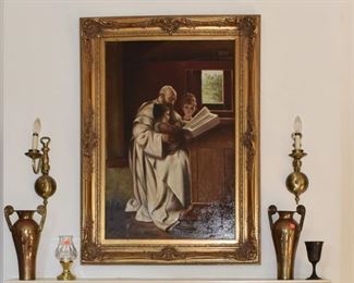 Priest Children in Ornate Frame Oil on Canvas