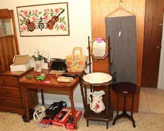 Table; Washstand (Ceramic Bowl and Pitcher)