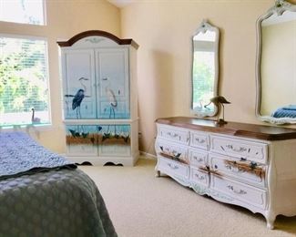 HICKORY BEDROOM SET, KING BED NEVER SLEPT ON, TRIPLE DRESSER WITH TWO MIRRORS, ARMOIRE, AND TWO NIGHT STANDS