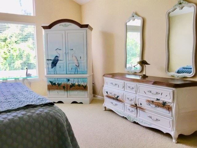 HICKORY BEDROOM SET, KING BED NEVER SLEPT ON, TRIPLE DRESSER WITH TWO MIRRORS, ARMOIRE, AND TWO NIGHT STANDS