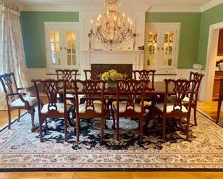 Double Pedestal Dining Table and 10 Chairs MINT CONDITION Carpet aprox 14 x 9ft
