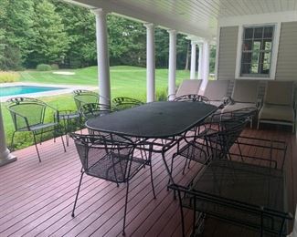 Porch and Patio Coated Wrought Iron Table and Chairs and Chaise Chairs in Beige