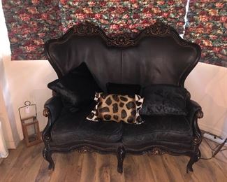 GORGEOUS ANTIQUE LEATHER COUCH WITH CARVED WOOD