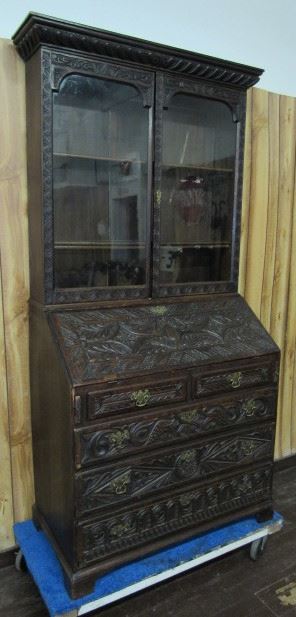 Carved Oak Bookcase w/Secretary