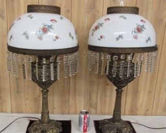 Pair of Lamps w/Cherubs & Glass Prisms 