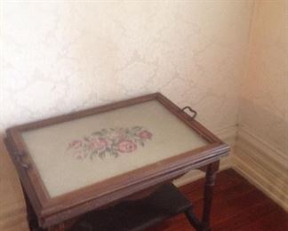 Side table with lift off needlepoint tray..Vintage