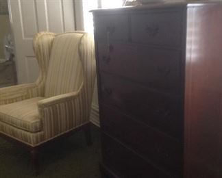 chest of drawers & pair of wing back chairs