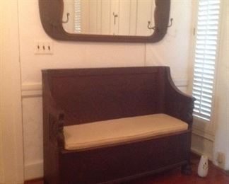 Tiger Oak carved storage bench & tiger oak beveled mirror hat rack