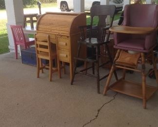 Childcraft roll top desk & chair, vintage high chair/potty chair, wooden training chair, child's table & chairs