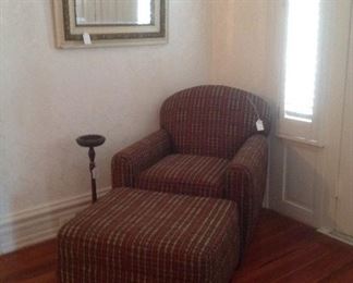 Rowe side chair & ottoman, vintage wooden smoke stand & wall mirror