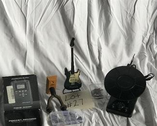 misc. lot of guitar wall hanger, antenna, pocket recorder