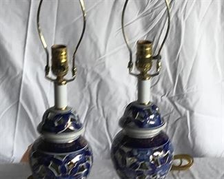 Pair Of Reticulated Asian Style Blue and White Porcelain Lamps