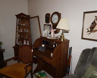 Small secretary , curio cabinet, needle work owl