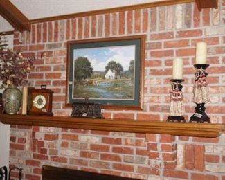 Landscape print, clock, decorative box, candle holders