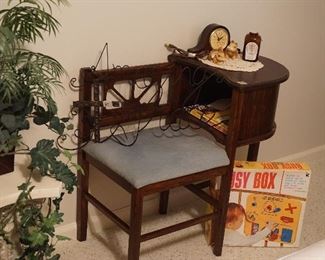 Vintage telephone table, vintage baby items