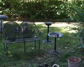 Yard bench, bird bath, planter with stand