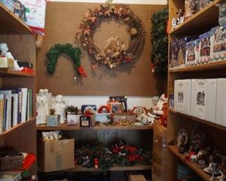Christmas decorations, books, village pieces