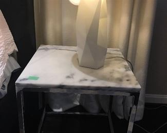 Pair of Modern Lamps and Pair of Marble Chrome End Tables