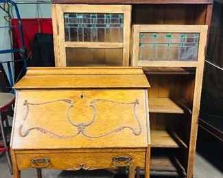 Larking Desk and partially restored leaded glass bookcase