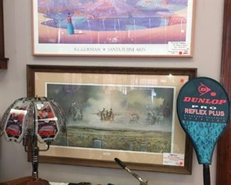 Signed poster by famous artist R. C. Goodman, Sante Fe Art Festival (top). "Destiny," print signed by Don Griffiths (born NYC); studied at William and Mary College, Art Center in LA, CA State U.  Antique saxophone: TrueTone Buescher low-pitch silver saxophone, Elkhart, IN, c. 1921-22.